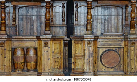Retro Old Bar Wooden Interior In American Wild West Style. Background For Text Or Image.