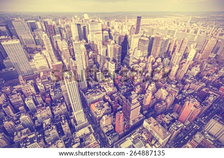 Retro old film stylized aerial picture of New York City downtown, USA.