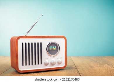 Retro old FM radio front gradient mint blue background. Vintage style filtered photo - Shutterstock ID 2152170483