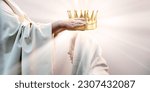 Retro old jew biblic faith happy male leader Lord priest ruler man arm give young lady hold gold tiara above veil cloth. Noble best win devot trophy smile joy face pray bible belief reign hero concept