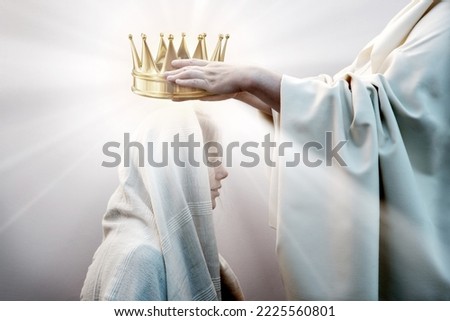 Retro old jew biblic faith happy male leader Lord priest ruler man arm give young lady hold gold tiara above veil cloth. Noble best win devot trophy smile joy face pray bible belief reign hero concept