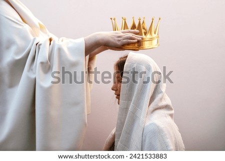 Retro old jew biblic faith happy male leader Lord priest ruler man arm give young lady hold gold tiara above veil cloth. Noble best win devot trophy smile joy face pray bible belief reign hero concept