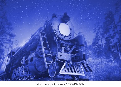 Retro Old Locomotive At Night. Vintage Train