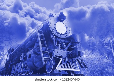 Retro Old Locomotive At Night. Vintage Train