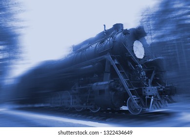 Retro Old Locomotive At Night. Vintage Train