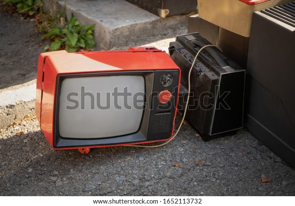 Retro Old Plastic Body Black And White TV Set
Reciever On Street Or Flea
Market