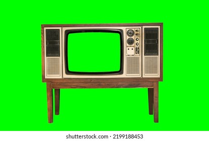 Retro Old Television With Blank Green Screen Standing Isolated On Green Background And Clipping Path.