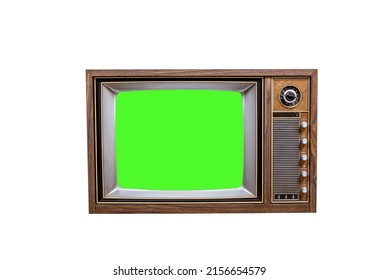 Retro Old Television With Green Screen Isolated On White Background, Antique TV, Old Technology