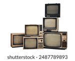 Retro old televisions pile on floor in front with clipping path isolated on white background. Antique and vintage style, TVs blank screen display