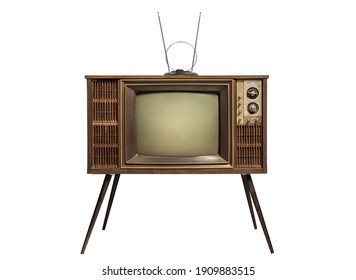 Retro Old TV With Antenna Standing Isolated On White Background, Classic Old Television Technology With Wooden Case, Clipping Path