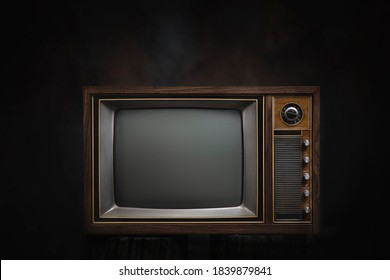 Retro Old TV In Dark Room, Black Background.