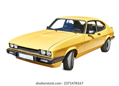Retro old yellow car isolated on white background