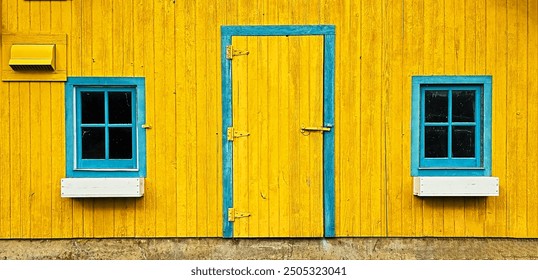 Retro old yellow plank barn wood wall with bright blue windows and door frame background - Powered by Shutterstock