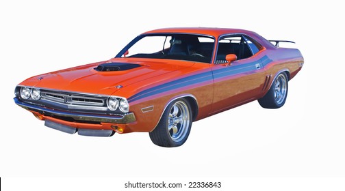 retro orange muscle car with hood scoop and black stripes