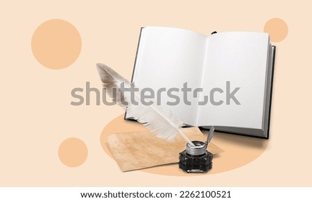 Retro pen feather and book on pastel background