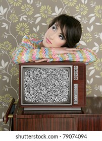 Retro Pensive Woman On Vintage Wooden Tv 60s Wallpaper [Photo Illustration]