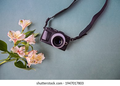 Retro photo camera on a paper background near a branch of Alstroemeria flowers.