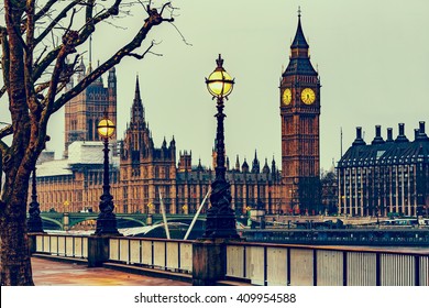 RETRO PHOTO FILTER EFFECT: Street Lamp On South Bank Of River Thames With Big Ben, Elisabeth Tower And Palace Of Westminster In Background, London, England, UK