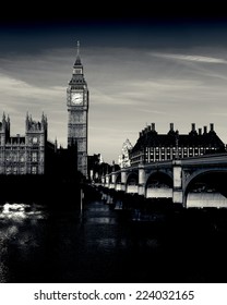 Retro Photo Filter Processed Effect - Elizabeth Tower, Big Ben and Westminster Bridge in early morning light, London, England, UK
