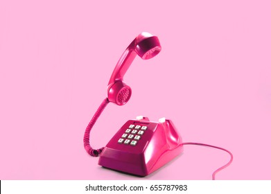 Retro Pink Telephone On Pink Background, Pop Art Style