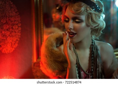 Retro portrait of a beautiful Gatsby woman. Vogue fashion style and smoke. Copy Space