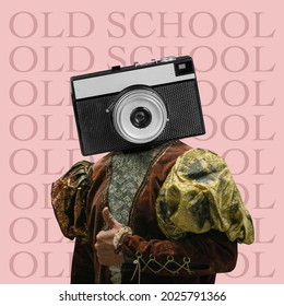 Retro portrait. Male model like royalty person headed of vintage camera in medieval clothing, outfit. Concept of comparison of eras, artwork, renaissance, baroque style. Creative collage. Surrealism - Powered by Shutterstock