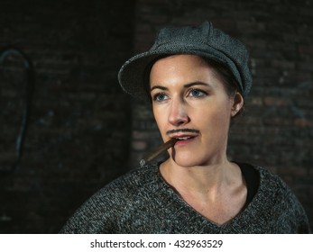 Retro Portrait of  a woman disguised as a man with a cigar in her mouth  - Powered by Shutterstock