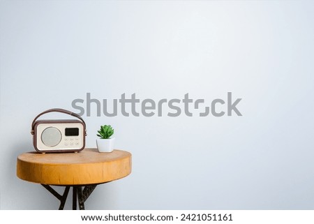 Retro radio and a refreshing succulent plant, elegantly arranged on a polished wooden table against light wall, copy spacy, empty space, banner, minimal interior design, elegant furniture