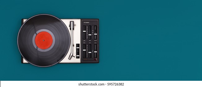 retro record player isolated on colored background with copy space