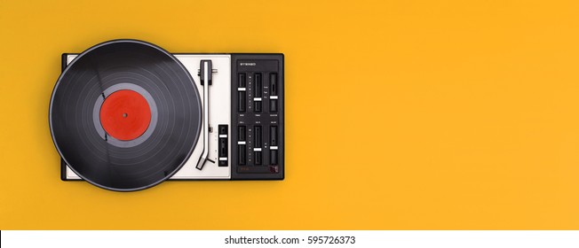 Retro Record Player On Yellow Background