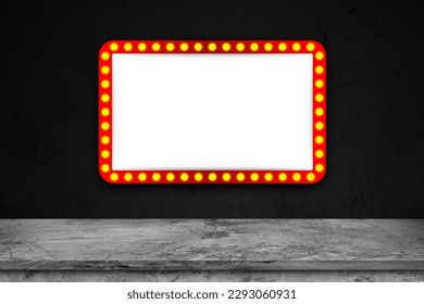 Retro rectangle neon billboard on black cement wall. Concrete shelf table. Use as montage for product display - Powered by Shutterstock - Get 15% off with code: PIKWIZARD15