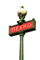 Retro Red Subway Sign On A Lantern In Paris, France, Against A White Background