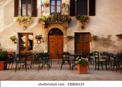 Retro Romantic Restaurant, Cafe In A Small Italian Town. Vintage Italy, Outdoor Trattoria