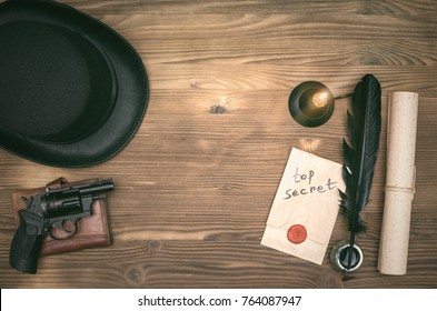 Retro Secret Agent Detective Desk Table, Top View.
