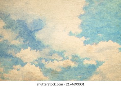 Retro Sky Painting Pattern On Old Paper Texture. Vintage Watercolor Clouds.