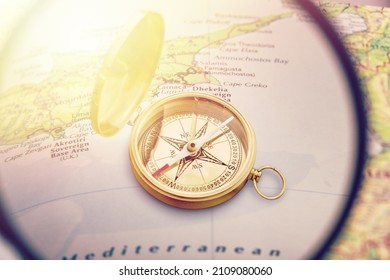 Retro Style Antique Golden Compass. Vintage Still Life. Sailing Accessories. Wanderlust, Travel