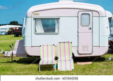 Retro style caravan.Summer holiday concept background 