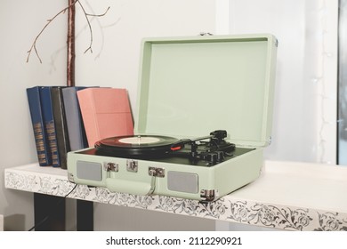 Retro Style Home Vinyl Disk Player Or Turntable. Portable Device For LP Disk Listening. Retro Music.  