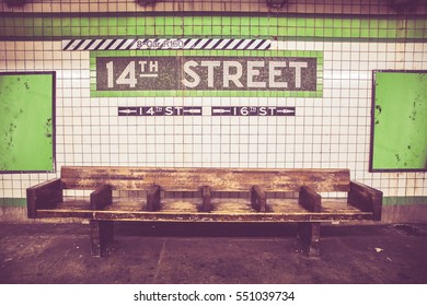 Retro Style Image Of Bench At New York City Subway Station With Vintage Tile Wall