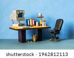 Retro style office workplace. Vintage toy computer, empty blue screen monitor stickers reminders. Pc mouse keyboard, archive files. Desk lamp, comfortable black leather manager chair, garbage can