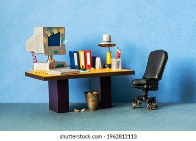 Retro Style Office Workplace. Vintage Toy Computer, Empty Blue Screen Monitor Stickers Reminders. Pc Mouse Keyboard, Archive Files. Desk Lamp, Comfortable Black Leather Manager Chair, Garbage Can