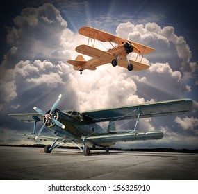 Retro style picture of the biplanes. 