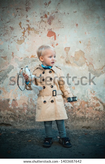 retro style. Playing toys. small kid with toy horse\
and car. happy childhood. childrens day. little boy in vintage\
coat. Fashion look. prince on white horse. small boy prince.\
Moments of joy.