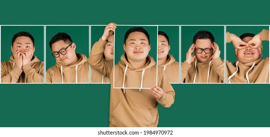 Retro style. Portraits of young Asian man showing pictures with different emotions, facial expression isolated on green background. Concept of facial expressions, funny meme emotions. - Shutterstock ID 1984970972