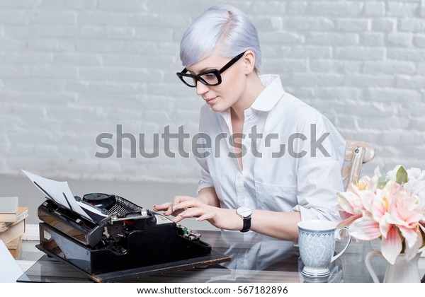 Retro Style Secretary Sitting Desk Using Stock Photo Edit Now