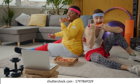 Retro style tricky sportsmen working out in team, eating pizza fast food enjoying, training biceps muscles in funny way. Fitness comedy. Humor concept.