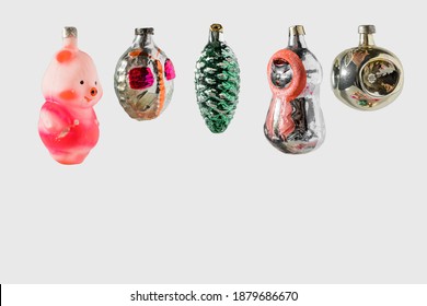 Retro style USSR christmas tree baubles on white background with shadows. mid century style