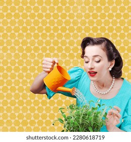 Retro style woman watering plants at home using a small watering can, gardening and household concept - Shutterstock ID 2280618719