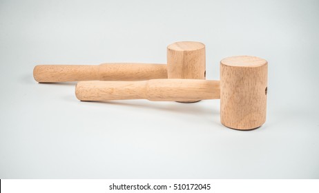 Retro Styled Or Retro Color Wooden Kitchen Hammer Or Crab Mallet. Slightly De-focused And Close-up Shot. Copy Space.