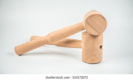 Retro Styled Or Retro Color Wooden Kitchen Hammer Or Crab Mallet. Slightly De-focused And Close-up Shot. Copy Space.